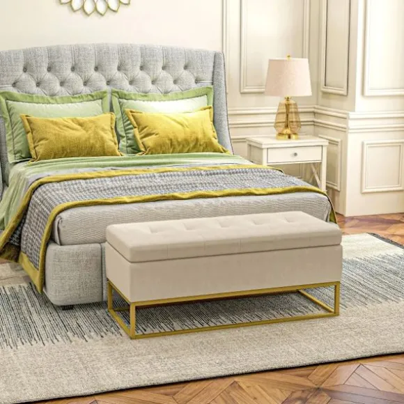 Rootz Opbevaringsbænk - Dekorative knapsyning - Flanelllook - Guldstålben - Beige - 110 x 47 x 46,5 cm