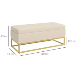 Rootz Opbevaringsbænk - Dekorative knapsyning - Flanelllook - Guldstålben - Beige - 110 x 47 x 46,5 cm