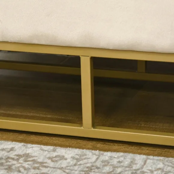 Rootz Opbevaringsbænk - Dekorative knapsyning - Flanelllook - Guldstålben - Beige - 110 x 47 x 46,5 cm