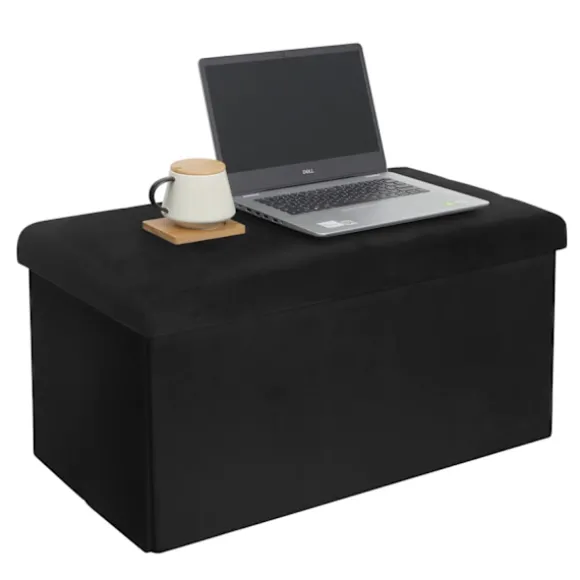 Rootz Opbevaringsbænk - Osmannisk - Siddekiste - Fløjlskammel - Møbelkoffert - Polstret æske - Sort - 76x37,5x38 cm