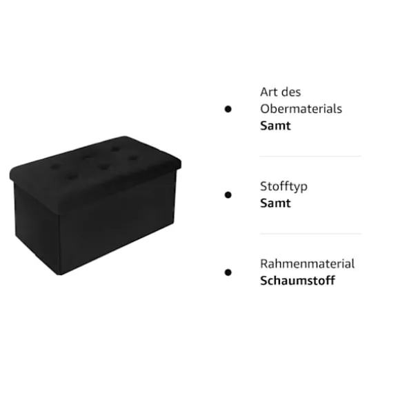 Rootz Opbevaringsbænk - Osmannisk - Siddekiste - Fløjlskammel - Møbelkoffert - Polstret æske - Sort - 76x37,5x38 cm