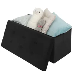 Rootz Opbevaringsbænk - Osmannisk - Siddekiste - Fløjlskammel - Møbelkoffert - Polstret æske - Sort - 76x37,5x38 cm