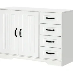 Rootz Opbevaringsskab - Skænk Kommode - Moderne Stil - 4 skuffer - 1 skab - Spånplade - Hvid - 105 Cm X 40 Cm X 76 Cm
