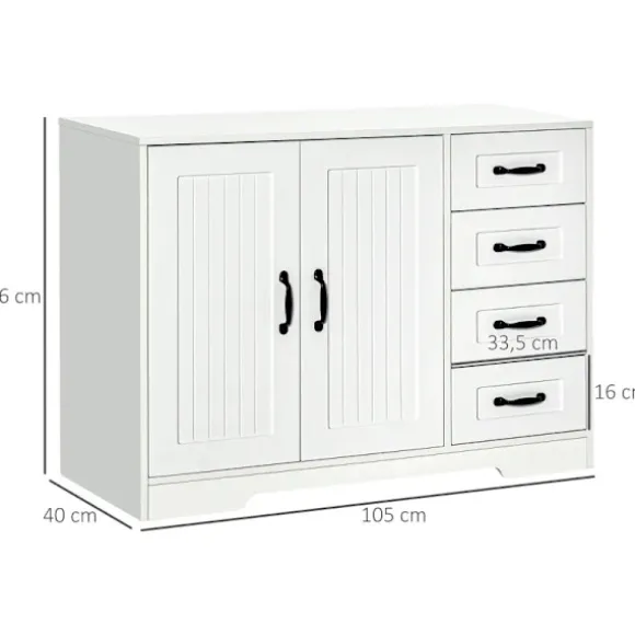 Rootz Opbevaringsskab - Skænk Kommode - Moderne Stil - 4 skuffer - 1 skab - Spånplade - Hvid - 105 Cm X 40 Cm X 76 Cm