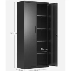 Rootz Opbevaringsskab - Sort metalskab - Stort klædeskab - Pulverlakeret stål - 40 cm x 80 cm x 180 cm - 40,5 kg - 25 kg kapacitetshylder