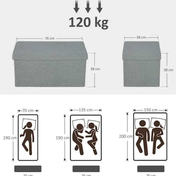 Rootz Opbevaringsskammel - Polstret bænk - Fodstøtte - 84L Opbevaring - 76 cm x 38 cm - Grå