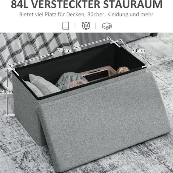 Rootz Opbevaringsskammel - Polstret bænk - Fodstøtte - 84L Opbevaring - 76 cm x 38 cm - Grå