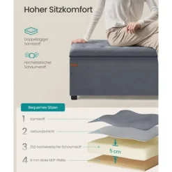 Rootz Opbevaringsskammel - Osmannisk bænk - Fløjlsbetræk - MDF-konstruktion - 40 cm x 110 cm x 40 cm - Skifergrå