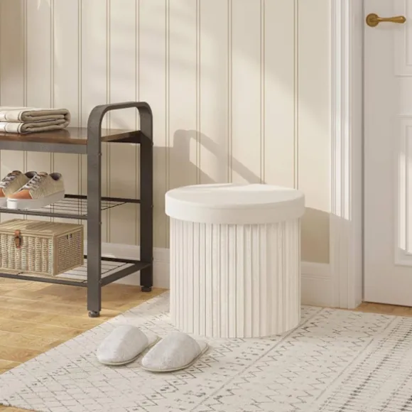 Rootz Opbevaringsskammel - Osmannisk - Fodskammel - Blød og Robust - 38 cm x 36 cm - Cremefarvet/Lysegrå - 30 L Kapacitet - E1 MDF-ramme - Fløjlsbetræ | Fyndiq
