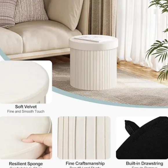 Rootz Opbevaringsskammel - Osmannisk - Fodskammel - Blød og Robust - 38 cm x 36 cm - Cremefarvet/Lysegrå - 30 L Kapacitet - E1 MDF-ramme - Fløjlsbetræ | Fyndiq
