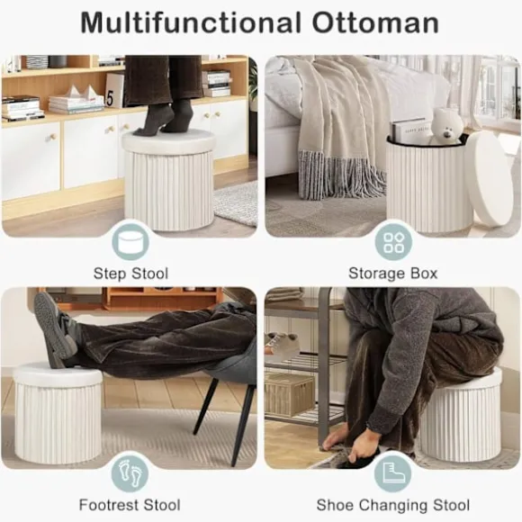 Rootz Opbevaringsskammel - Osmannisk - Fodskammel - Blød og Robust - 38 cm x 36 cm - Cremefarvet/Lysegrå - 30 L Kapacitet - E1 MDF-ramme - Fløjlsbetræ | Fyndiq