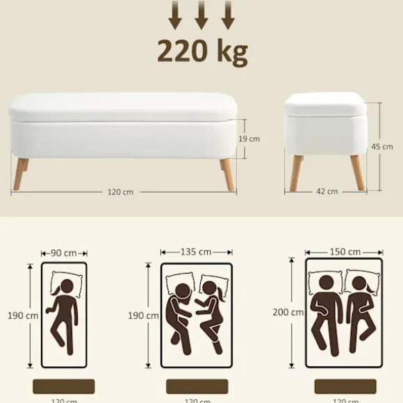 Rootz Opbevaringsskammel - Sædeskammel - Fodskammel - 65 L Opbevaring - Fleecestof - 120 cm x 42 cm x 45 cm - Hvid