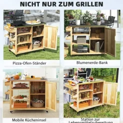 Rootz Outdoor Kitchen Island - Grilling Car - Wooden Kitchen Carts - Rustfrit stål - Forbedret mobilitet - 134,5L x 50b x 91,5 timer cm