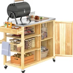 Rootz Outdoor Kitchen Island - Grilling Car - Wooden Kitchen Carts - Rustfrit stål - Forbedret mobilitet - 134,5L x 50b x 91,5 timer cm