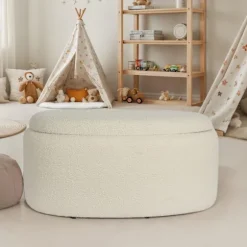 Rootz Oval Seat skammel - Stilfuldt stofbetræk - Hvidfarvet osmannisk - Høj komfort - Integreret opbevaring - 81 cm x 40 cm x 62 cm