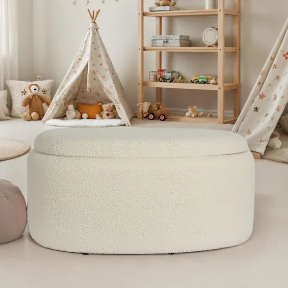 Rootz Oval Seat skammel - Stilfuldt stofbetræk - Hvidfarvet osmannisk - Høj komfort - Integreret opbevaring - 81 cm x 40 cm x 62 cm