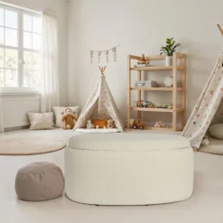 Rootz Oval Seat skammel - Stilfuldt stofbetræk - Hvidfarvet osmannisk - Høj komfort - Integreret opbevaring - 81 cm x 40 cm x 62 cm