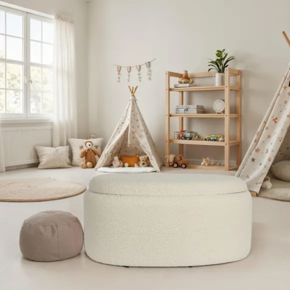 Rootz Oval Seat skammel - Stilfuldt stofbetræk - Hvidfarvet osmannisk - Høj komfort - Integreret opbevaring - 81 cm x 40 cm x 62 cm