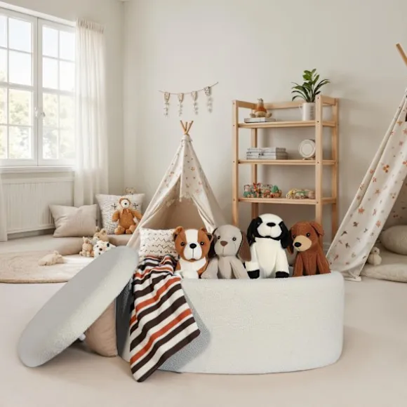 Rootz Oval Seat skammel - Stilfuldt stofbetræk - Hvidfarvet osmannisk - Høj komfort - Integreret opbevaring - 81 cm x 40 cm x 62 cm