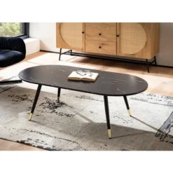 Rootz Ovalt sofabord - Moderne stuebord - Marmorlook-bord - Sikre metalben - 120 cm x 60 cm x 41,5 cm - Elegant sort- og gulddesign
