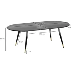 Rootz Ovalt sofabord - Moderne stuebord - Marmorlook-bord - Sikre metalben - 120 cm x 60 cm x 41,5 cm - Elegant sort- og gulddesign