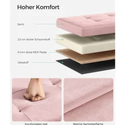 Rootz Pastel Pink sædekiste - Opbevaring Ottoman - Polstret bænk - MDF fløjlskum - 131L Kapacitet - 38cm x 110cm x 38cm