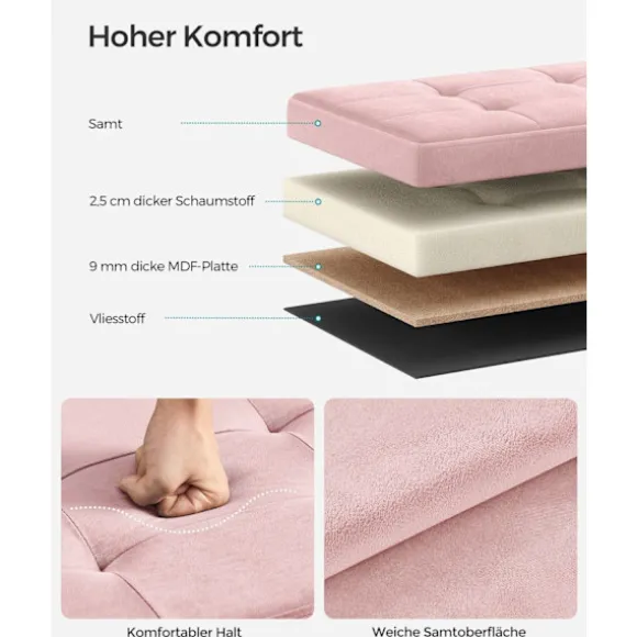 Rootz Pastel Pink sædekiste - Opbevaring Ottoman - Polstret bænk - MDF fløjlskum - 131L Kapacitet - 38cm x 110cm x 38cm