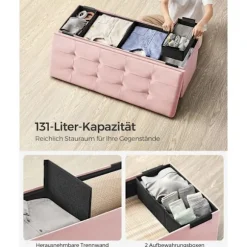 Rootz Pastel Pink sædekiste - Opbevaring Ottoman - Polstret bænk - MDF fløjlskum - 131L Kapacitet - 38cm x 110cm x 38cm