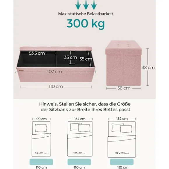 Rootz Pink osmannisk opbevaringsbænk - MDF polstret sæde - hørfinish - Høj modstandsdygtig skum - 38 cm x 110 cm x 38 cm - 300 kg Kapacitet