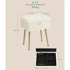 Rootz polstret toiletbordsstol - Vanity skammel - Makeup sæde - Opbevaringsplads - 30 x 40 x 50 cm - Hvid