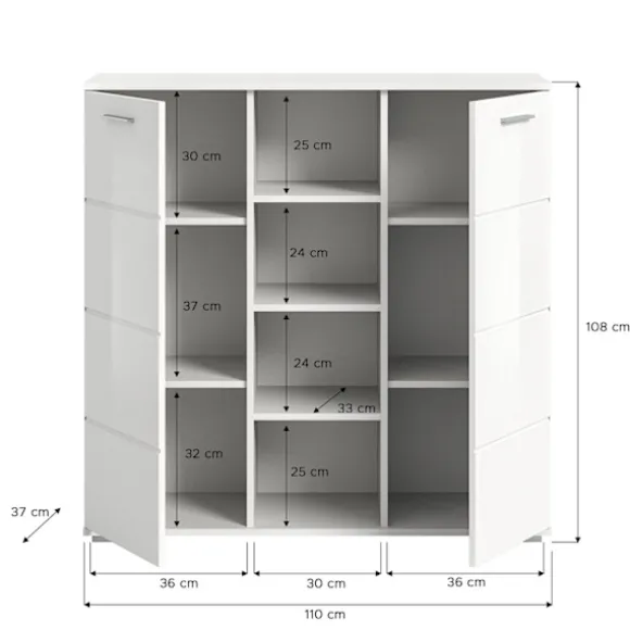 Rootz Prego Chest of skuffer - White Dresser - Wood Storage Unit - 2 -Door Cabinet - Moderne design - 110 cm x 108 cm x 37 cm