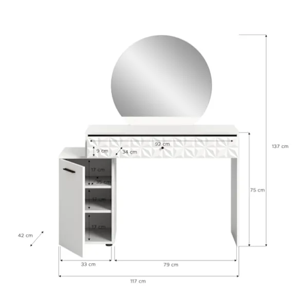 Rootz Prisma Dressing Table in White High Gloss - Desk - Cosmetic Table - 1 Door - 1 skuffe - Rumbesparende - 117 cm x 138 cm x 42 cm