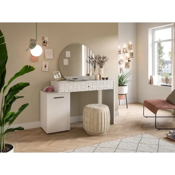 Rootz Prisma Dressing Table in White High Gloss - Desk - Cosmetic Table - 1 Door - 1 skuffe - Rumbesparende - 117 cm x 138 cm x 42 cm