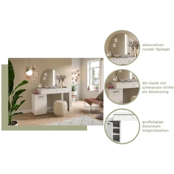 Rootz Prisma Dressing Table in White High Gloss - Desk - Cosmetic Table - 1 Door - 1 skuffe - Rumbesparende - 117 cm x 138 cm x 42 cm