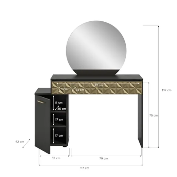 Rootz Prisma X76A9T67 Dressing Table - Desk - Kosmetisk bord - Black Melamine - Guldbeklædning - 117 cm x 138 cm x 42 cm