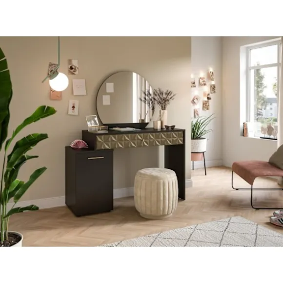 Rootz Prisma X76A9T67 Dressing Table - Desk - Kosmetisk bord - Black Melamine - Guldbeklædning - 117 cm x 138 cm x 42 cm
