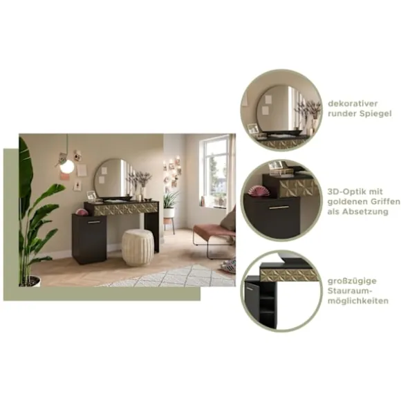 Rootz Prisma X76A9T67 Dressing Table - Desk - Kosmetisk bord - Black Melamine - Guldbeklædning - 117 cm x 138 cm x 42 cm
