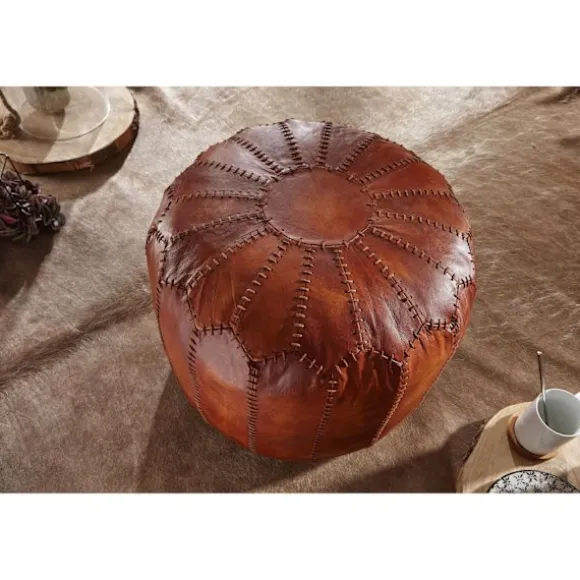 Rootz puf - Læderpuf - Ægte læder - Taburet - Polstret puf - Rund puf - 52 x 40 x 52 cm - Brun