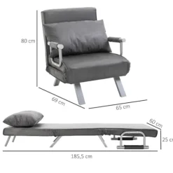 Rootz Relax lænestol - Gæsteseng - Armlæn - 3-i-1 - Chaiselong - Pude - Grå - 65 x 69 x 80 cm