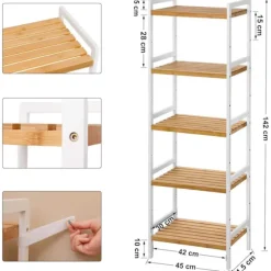 Rootz reol - Opbevaringsstativ - Køkkenskab - Bambus - Hvid - Beige - 5 niveauer - 45 x 31,5 x 142 cm