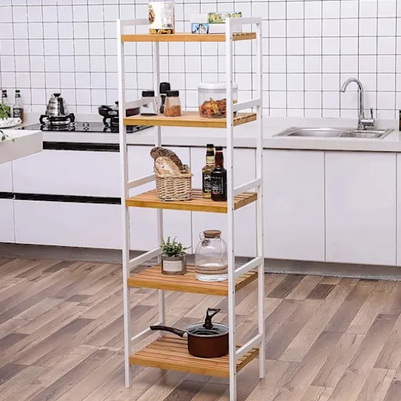 Rootz reol - Opbevaringsstativ - Køkkenskab - Bambus - Hvid - Beige - 5 niveauer - 45 x 31,5 x 142 cm