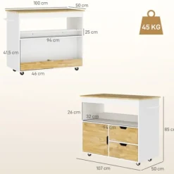 Rootz Rollable Kitchen Trolley - Mobile Kitchen Island - Kitchen Cart - Ample Storage & Easy Mobility - 107 cm x 50 cm x 85 cm