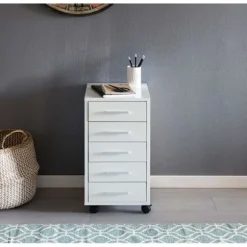 Rootz rullebeholder hvid 33 x 63 x 38 cm træskuffeskabsbord - Kontorskab med 5 skuffer - Beholderrulleskab lille Stand Beholder smal - Skrivebordsbeho | Fyndiq