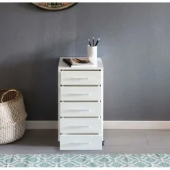 Rootz rullebeholder hvid 33 x 63 x 38 cm træskuffeskabsbord - Kontorskab med 5 skuffer - Beholderrulleskab lille Stand Beholder smal - Skrivebordsbeho | Fyndiq