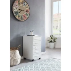 Rootz rullebeholder hvid 33 x 63 x 38 cm træskuffeskabsbord - Kontorskab med 5 skuffer - Beholderrulleskab lille Stand Beholder smal - Skrivebordsbeho | Fyndiq