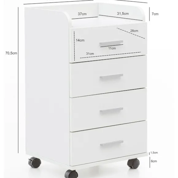 Rootz rullecontainer 40 x 70,5 x 33 cm hvid - Skrivebordscontainer Rulleskab 4 skuffer - Moderne skuffecontainer med hjul - Standcontainer Kontorconta | Fyndiq