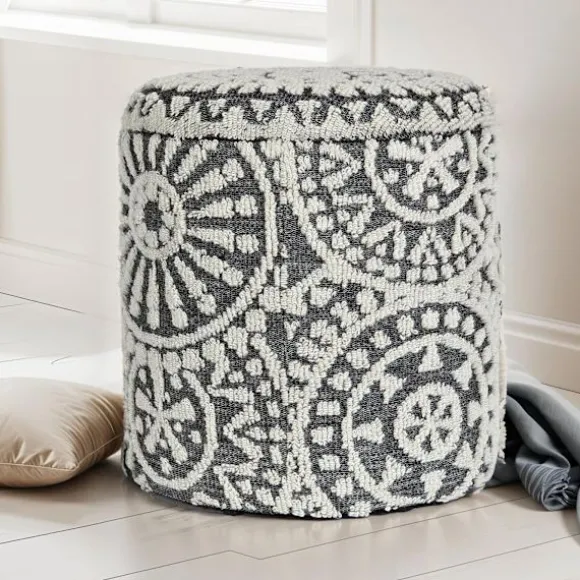 Rootz rund siddestol - Boho Ottoman - Moderne puf - Blødt uldkomfort - 45cm x 40cm x 45cm