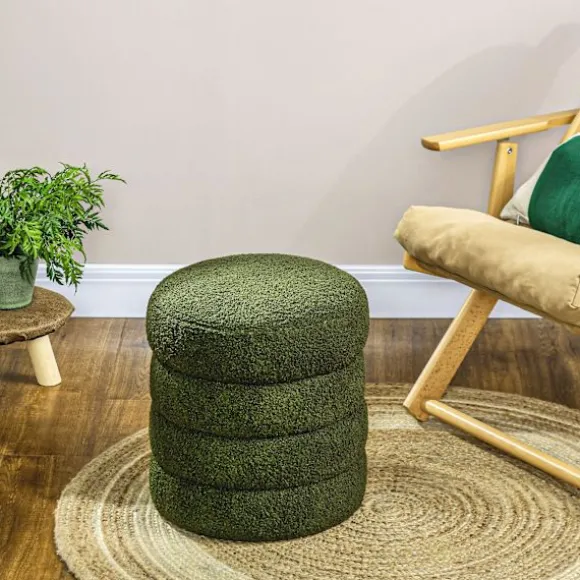 Rootz Rund Taburet - Osmannisk - Fodstøtte - Støtter op til 120 kg - Ø40x45H cm - Grøn teddyfleece