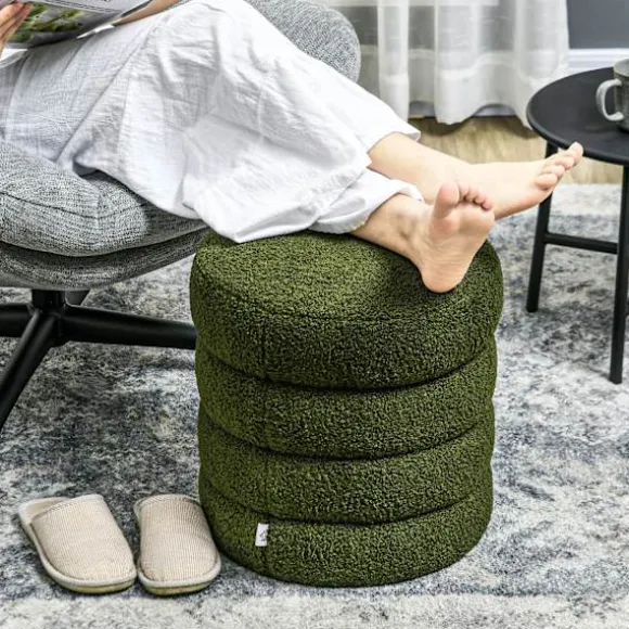 Rootz Rund Taburet - Osmannisk - Fodstøtte - Støtter op til 120 kg - Ø40x45H cm - Grøn teddyfleece