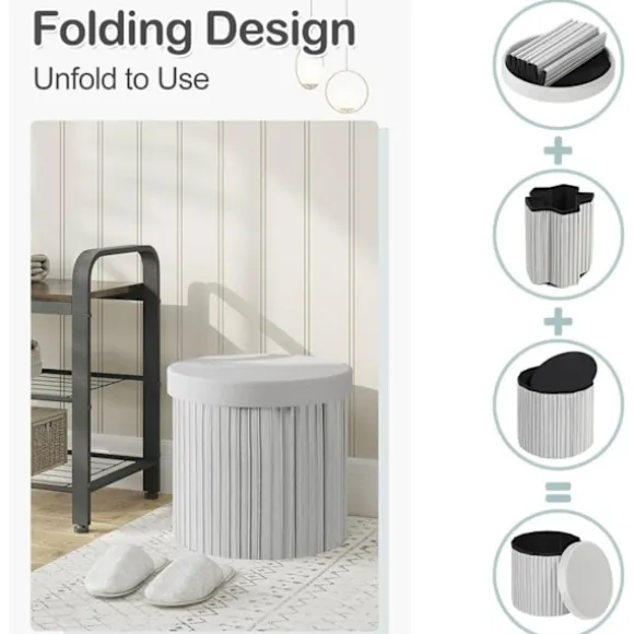 Rootz Rund Velvet Opbevaringsskammel - Puf Ottoman - Cremefarvet/Grå - Skjult opbevaring - Blød polstring - 38 cm x 36 cm - Elegant flæsedesign
